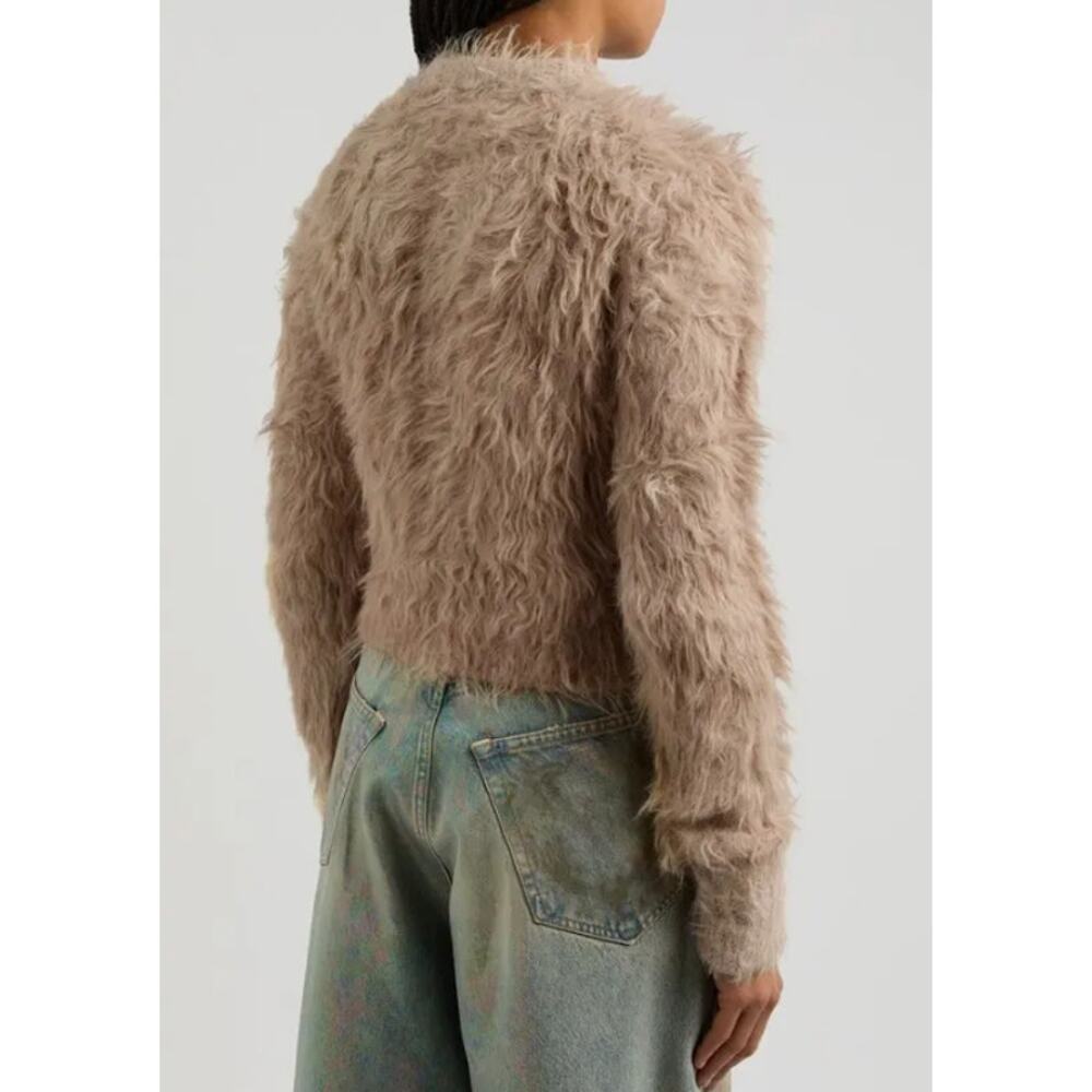 ACNE STUDIOS Kradi Textured Cardigan Faux Fur Chunky Knit Cropped Sweater Tan - Picture 4 of 16